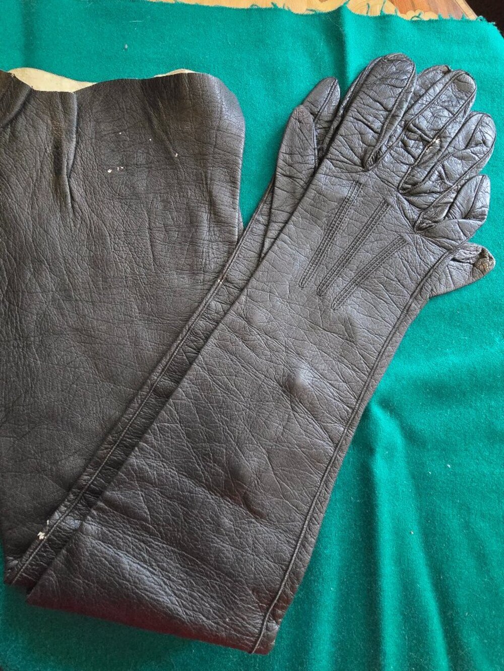 Vintage French Black Leather Elongated Dress Gloves, Size 6 +, Goth Coquette